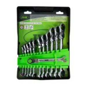 Juego de llaves de alta calidad con mecanismo de trinquete y cabezas articuladas. Ideal para trabajos mecánicos y de mantenimiento.